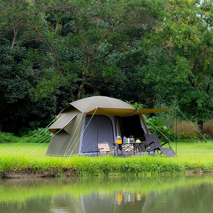Three Bears 6-Person Tent 3000mm Waterproof Double-Layer Tent with Room Dividers Family Tent with Color-Coded Connection Buckles Front and Rear Vestibules Can Be Set Up as Sunshade Canopies
