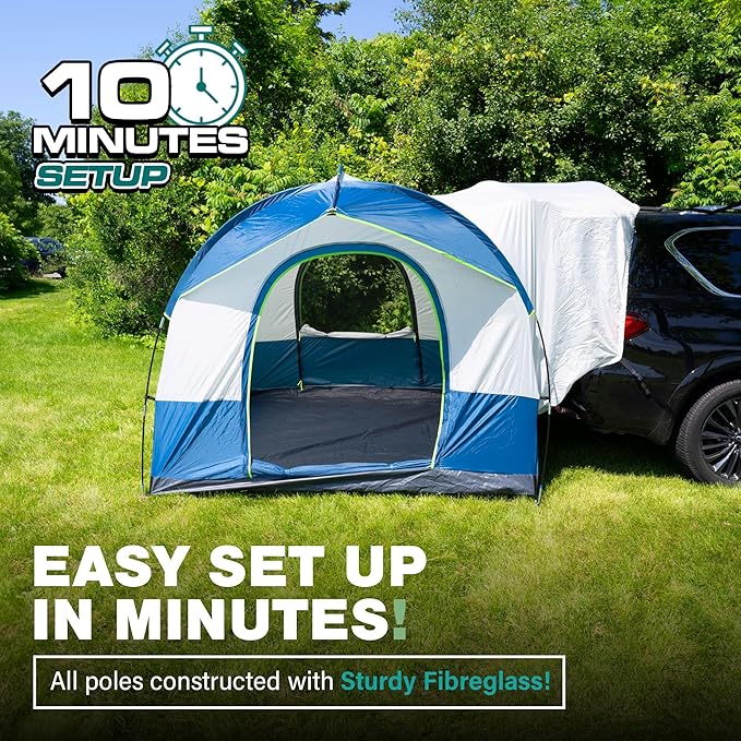 Universal SUV Camping Tent - Up to 8-Person Sleeping Capacity Includes Rainfly and Storage Bag - Car Tailgate Glamping Tent - 8'W x 8'L x 7.2'H Gray and Blue