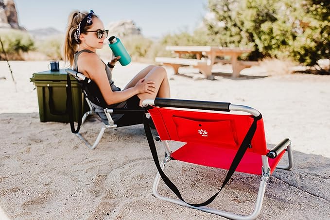 Neso Beach Chairs - Lightweight Portable and Foldable Recliner Beach Chairs for Park Camping and Outdoor Adventures - with Slip Pockets and Shoulder Strap - 2 Pack Lehua Red - Regular