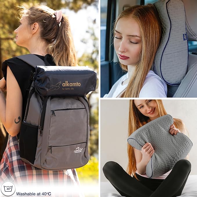 alkamto Travel &amp Camping Comfortable Memory Foam Pillow – Easy to Carry Portable Bag – Temperature Regulating Pillow Case (Grey Contour)