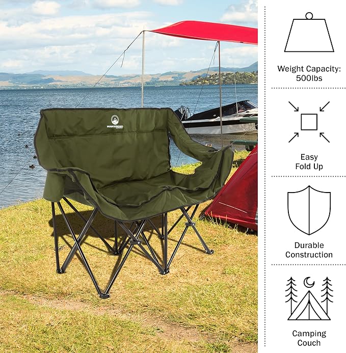 Double Camping Chair - Foldable Portable Couch with 2 Cupholders and Padded Seats - Two-Person Camp Chair with Carrying Bag by Wakeman Outdoor (Olive)