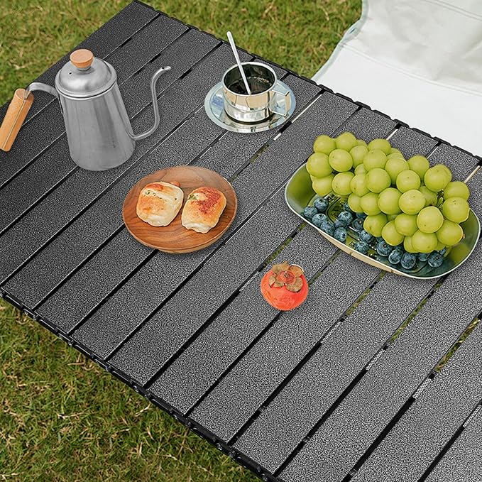 Folding Camping Table Outdoor Roll-up Table Height Adjustable &amp Portable Metal Camp Grill Table for Picnic BBQ Party Backyard Beach Mesh Storage and Carry Bag (Ash Black 47.24'' X-Large)