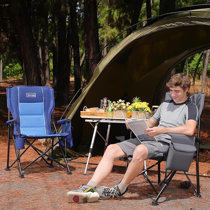 Oversized Folding Camping Chairs for Adults Heavy Duty Support 500lbs Big and Tall High Back Camping Chairs for Heavy People Padded Lawn Chairs Camp Chairs for PatioBeachCampLawnOutdoorGrey