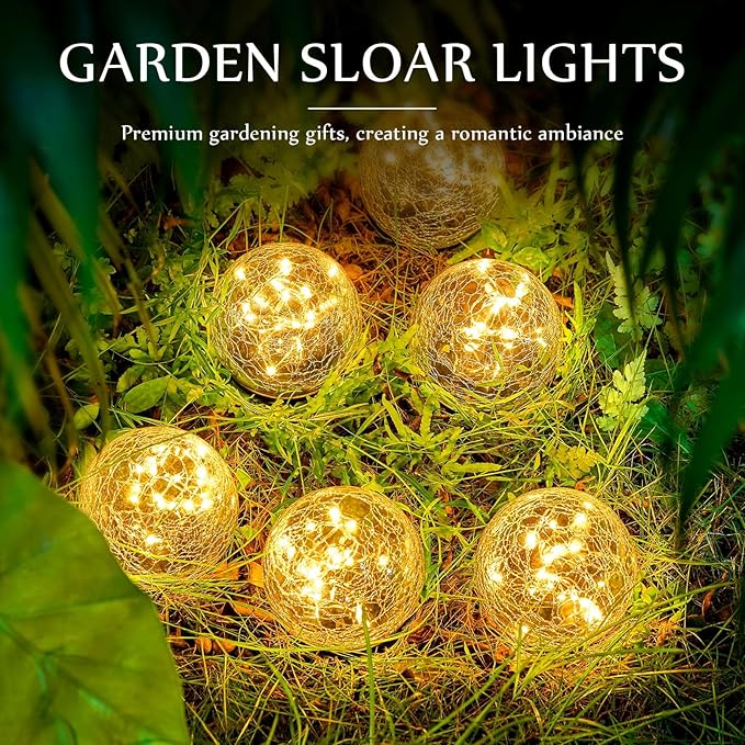 Honoson Solar Globe Lights Outdoor - Waterproof Cracked Glass Balls for Garden Patio Lawn &amp Yard Warm White Solar LED Lights with Easy Installation &amp Durable Design(3.9 Inch6 Pieces)