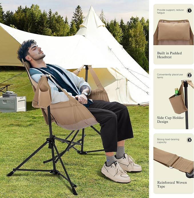 HIGH POINT SPORTS Hammock Camping Chair Adjustable Back Swinging Chair Folding Outdoor Rocking Chair Heavy Duty Portable Camp Chair with Cup Holder and High Back for Adults Beige