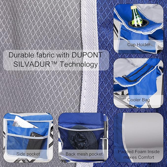 Padded Camping Chairs for Adults 2 Pack Oversized Folding Outdoor Chairs Weight Capacity 475lbs with Cooler Bag Cup Holder Storage Pocket Carry Bag - Blue