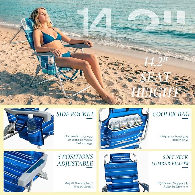 Beach Chairs for Adults 2 Pack Portable Folding Backpack Beach Chair Heavy Duty 5-Position Lay Flat with Cooler Bag Cup Holder for Outdoor/Lawn/Picnic/Camping