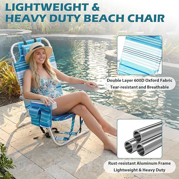 2 Pack Low Beach Chairs for Adults Reclining Adjustable 5 Position Lay Flat Lightweight Folding Portable Aluminum Chair with Backpack StrapsPadded headrest Heavy Duty 300 lbs Lawn Chair