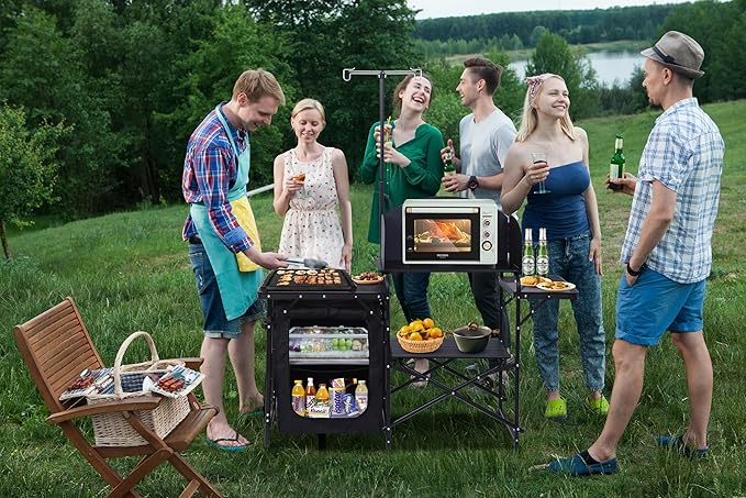 Nice C Camping Kitchen Station Camping Table Picnic Table Portable Grill Table Folding Cook Table Upgrade Light Stand and Windshield Station &amp Organizers Carry Bag for Beach Picnic (Black)