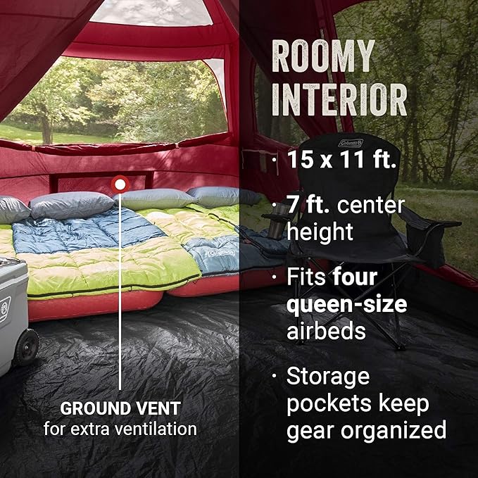 Coleman Skylodge 10-Person Family Tent Weatherproof XL Tent with Rainfly &amp Room Divider Fits 4 Queen-Sized Airbeds Made of PFAS-Free Materials
