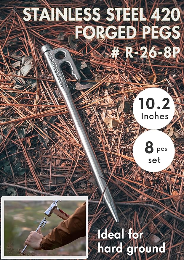 CAMPINGMOON Tent Stakes 10.2-inch 8pcs Martensitic Stainless Steel 420J2 Hardened Forged Power Peg Ideal for Hard Ground R-26-8P