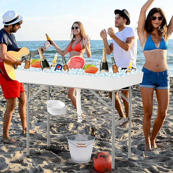 Dragosum Outdoor Cooler Table with Drain Folding Ice Cooler Table with Removable Matching Skirt Portable Table Coolers 4 Foot for Party BBQ Camping Wedding