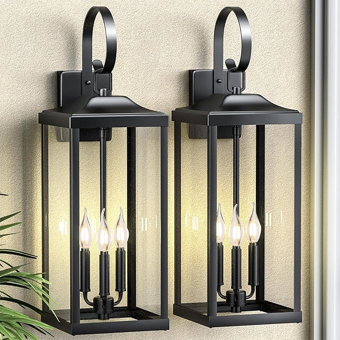2 Packs 24 Extra Large Outside Wall Light Fixture 3-Light Black Outdoor Porch Lantern Wall Mounted Waterproof Modern Outside Wall Sconce Coach Lamp for House E12