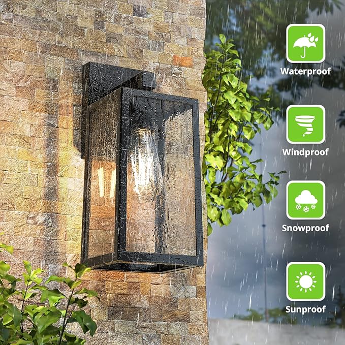 MAXvolador Outdoor Wall Sconce Large Exterior Waterproof Wall Lantern Light Fixture Black Porch Lights Glass Anti-Rust E26 Patio Lighting 2 Pack