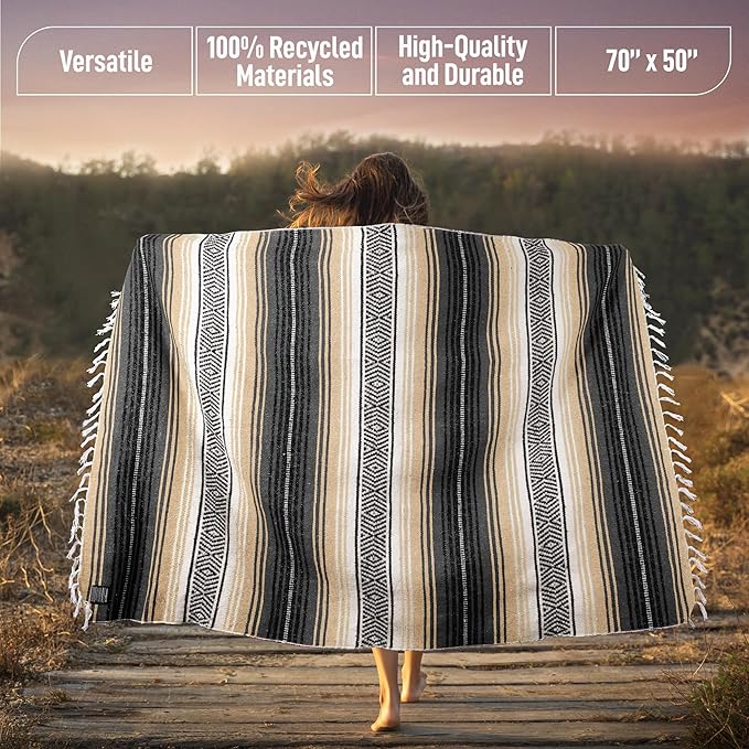 Authentic Large Handwoven Mexican Blanket - Soft Yoga Blankets - Durable Serape - Lightweight Falsa Blanket Beach Camping Picnic Equestrian Saddle Outdoor Blankets 70x50 - Sand