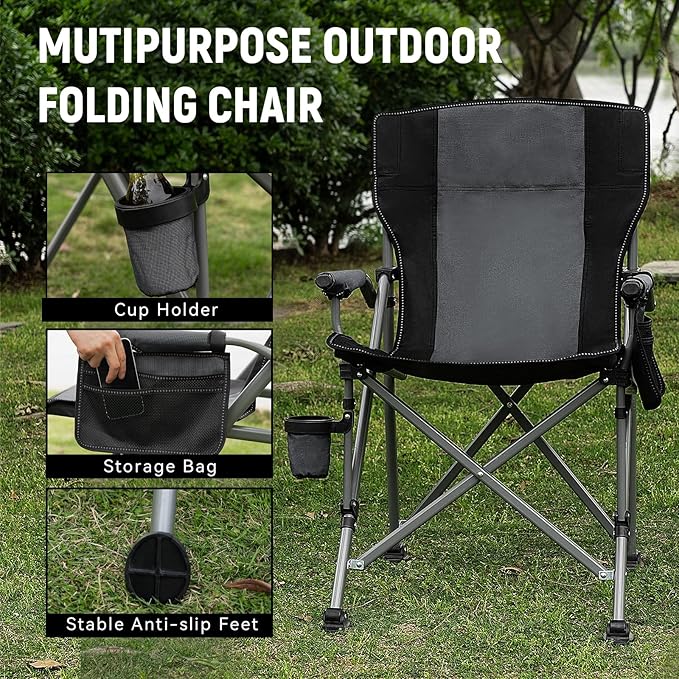 Fishing Chair with Upgraded 360° Adjustable Rod Holder Folding Ice Fishing Chairs for Adults Portable Camping Chair with Side Pocket Cup Holder for Outdoor Sports Garden Beach Lawn Picnic