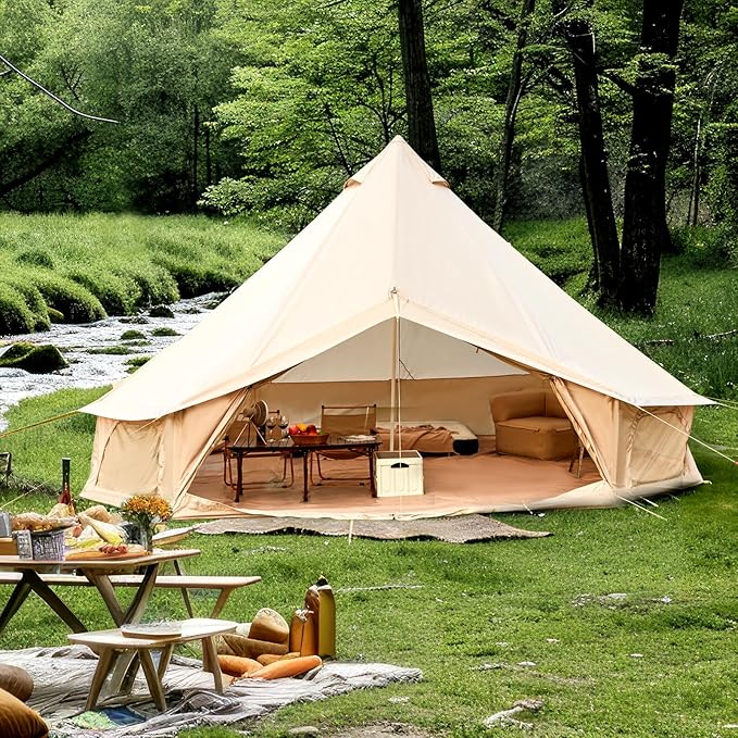 YOLENY Bell Tent Yurt Tent 4/6/8/10 Person 4 Season Waterproof Glamping Tents w/Stove Jack for Family Camping Outdoor Party Glamping Tents for Camping - 10/13.1/16.4FT