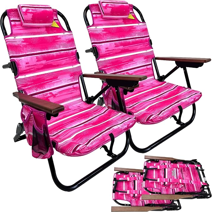 EasyGo Product Backpack Beach Chair 5 Positions and Cup Holder Pouch on Side Padded Pillow Storage Bag on Back Lightweight Rustproof Aluminum Black Frame - 2 Pack Pink