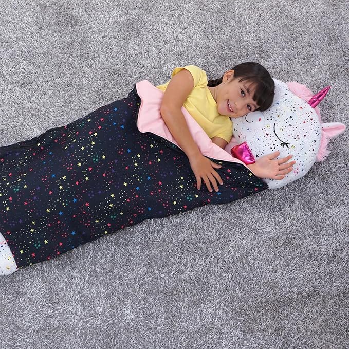 Happy Nappers Pillow &amp Sleepy Sack- Comfy Cozy Compact Super Soft Warm All Season Sleeping Bag with Pillow- Medium 54” x 20” Shimmer Unicorn
