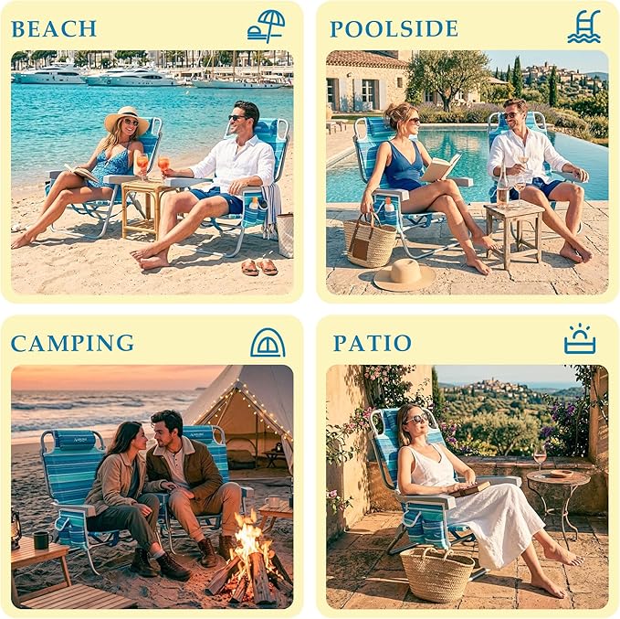 Beach Chairs for Adults Portable Folding Backpack Beach Chair Heavy Duty 5-Position Lay Flat with Cooler Bag Cup Holder for Outdoor/Lawn/Trip/Picnic/Fishing/Camping