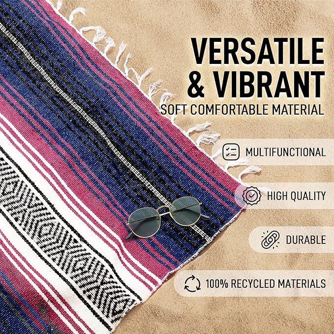 Hydration Nation Authentic Extra Large Mexican Blanket (70x50) - Handwoven Yoga Serape- Artisanal Falsa Beach Camping Picnic Outdoor - Twilight