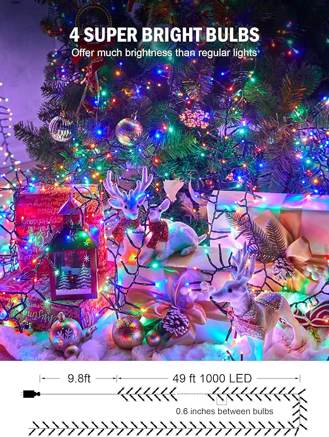 Christmas Tree Lights Outdoor Cluster Lights - 1000 LED 50 Ft Christmas Firecrackers String Lights 8 Modes Timer Remote Waterproof Plug in Twinkle Fairy Lights for Xmas Tree Garland Window Party