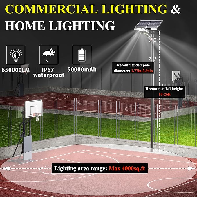 Gefolly Solar Street Lights Outdoor Commercial Parking Lot Light Dusk to Dawn IP67 Waterproof 6500K Security Flood Lights Lamp for Yard Road Basketball Courts (SL-9800W 650000LM)