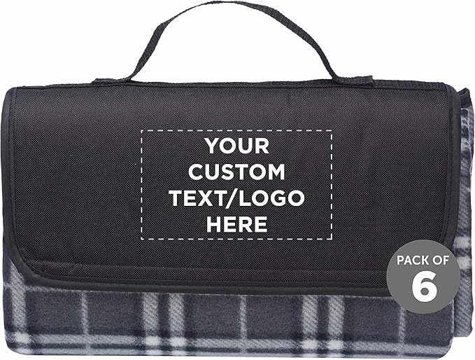 DISCOUNT PROMOS 6 Brookhaven Roll Up Picnic Blankets Set - Customizable Text Logo - Fleece Woven Handle - Grey