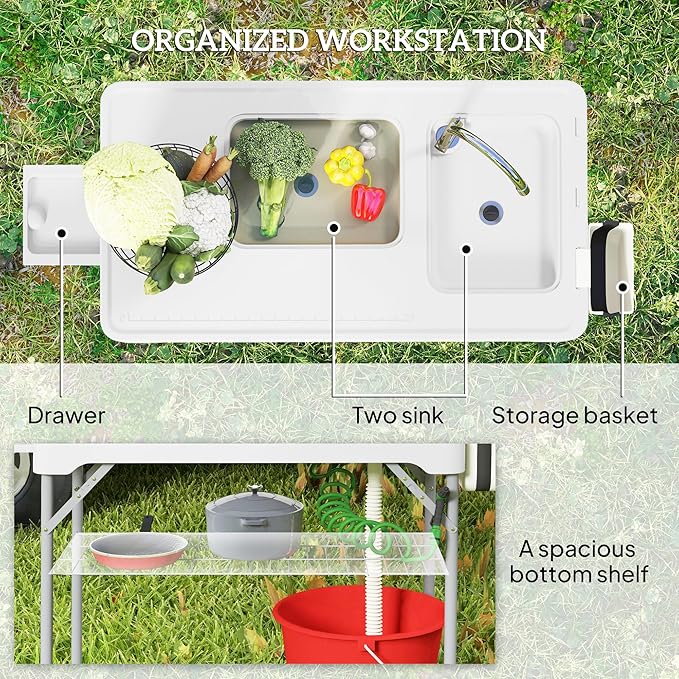 Outsunny Folding Fish Cleaning Table with Sinks Portable Camping Sink Table with Faucet Drainage Hose Sprayer Shelf Drawer and Storage Basket Outdoor Fillet Table for Picnic Beach Patio White