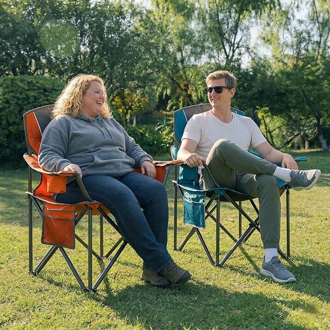 2 Pack Padded Oversized Camping Chairs for AdultsHeavy Duty Support 400 LbsFolding Portable Lawn Chair w/Cup HolderCooler BagSide PocketPerfect for Outdoor PicnicHiking(Orange&ampBlue)