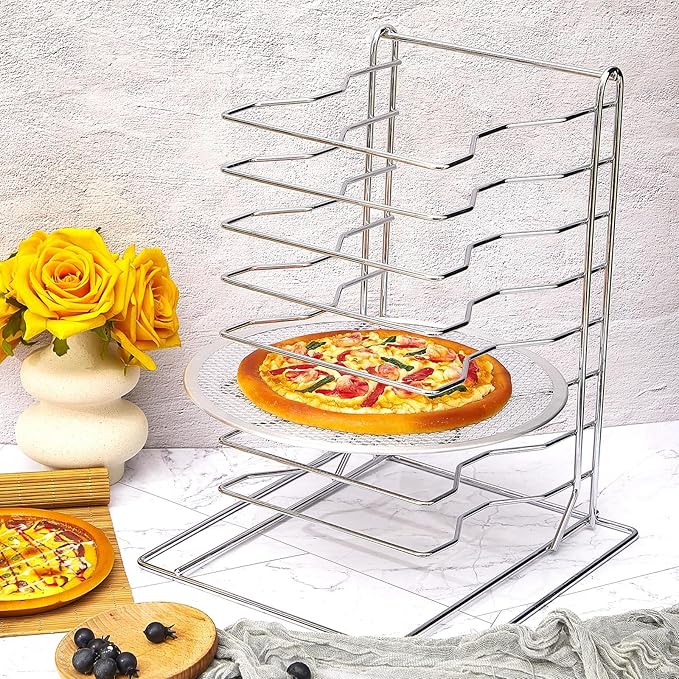 Zhehao Pizza Rack 8 Tiered Stand 16.7'' H x 12'' L x 12'' W and 8 Pcs Pans with Holes Aluminum Baking Set for Easy Storage and Baking Multiple Pizzas