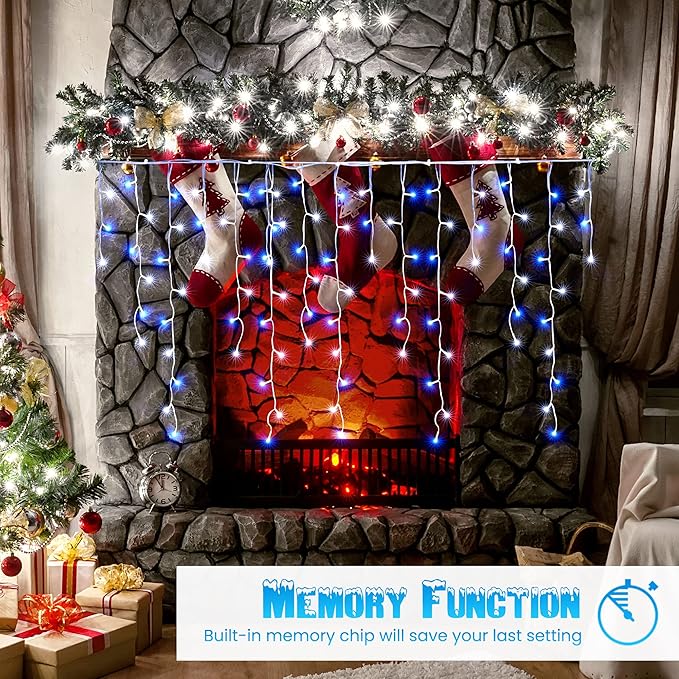 Toodour White &amp Blue Christmas Icicle Lights 29.5ft 360 LED Icicle Lights 8 Modes 60 Drops Window Curtain Led Christmas Light Icicle Twinkle Light for Eaves Party Wedding Xmas Decorations