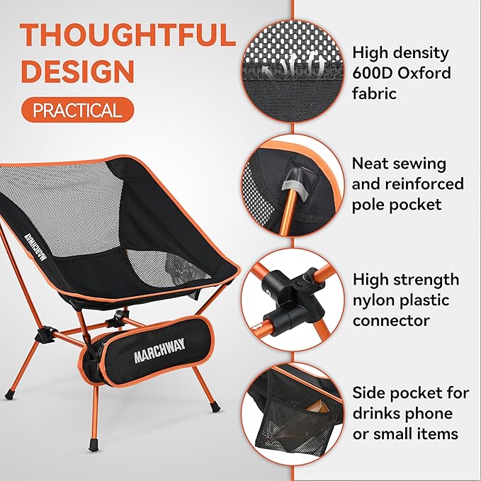 MARCHWAY Ultralight Folding Camping Chair Heavy Duty Portable Compact for Outdoor Camp Travel Beach Picnic Festival Hiking Lightweight Backpacking (Orange)