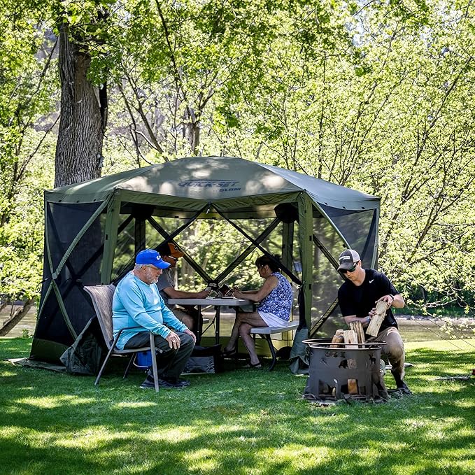 CLAM Pop Up Screen Tent Outdoor Camping Gazebo Canopy Pavilion 12.5' Green - Heavy-Duty Portable Screened Shelter with Netting for Beach Patio and Backyard