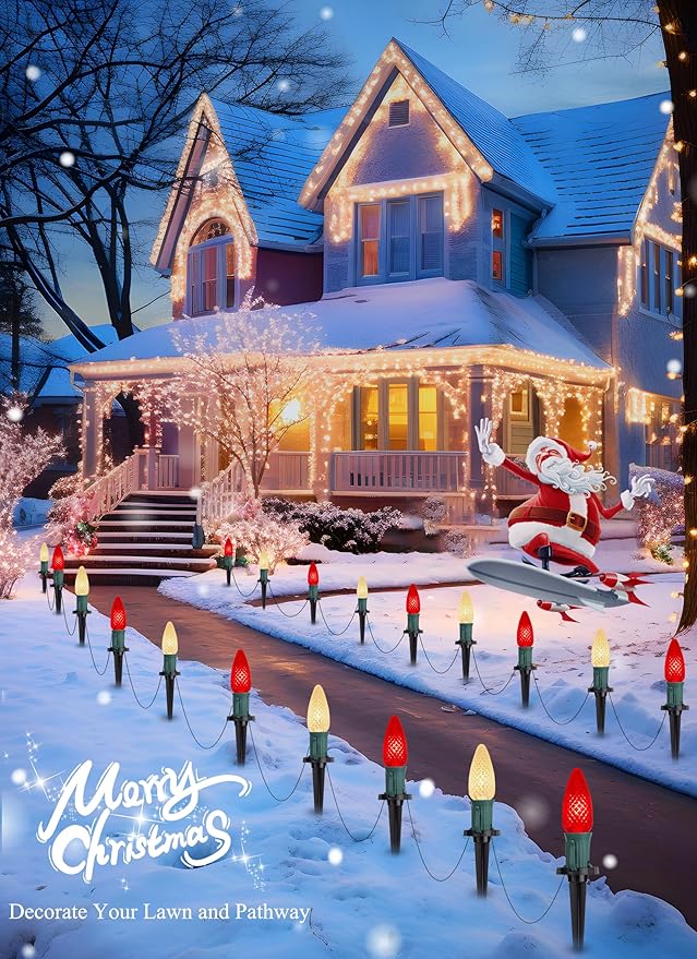 C9 LED Christmas String Lights Outdoor 26 Feet 20 LED Christmas Pathway Lights with 20 Plastic Stakes Connectable Waterproof for Driveways Xmas Holiday Patio Decoration Red and Warm White