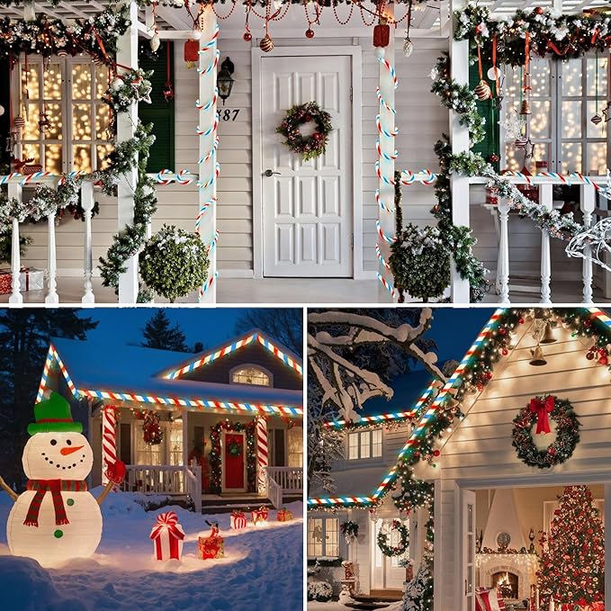 Toodour Christmas Candy Cane Lights 50ft 360 LED Candy Cane Rope Lights Outdoor with 8 Modes Connectable Timer Waterproof Red White Blue Christmas Light for Garden Patio Bedroom Party Xmas Decor