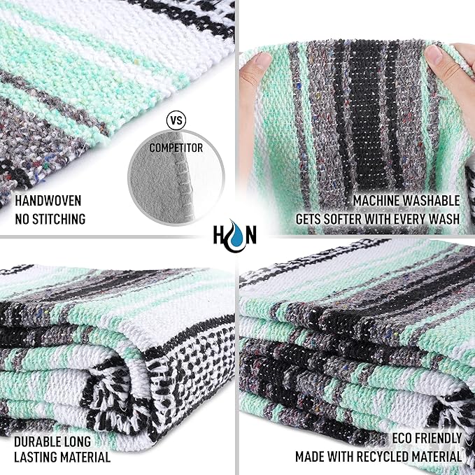 Hydration Nation Authentic Extra Large Mexican Blanket (70x50) - Handwoven Yoga Serape- Artisanal Falsa Beach Camping Picnic Outdoor (Aqua Green)
