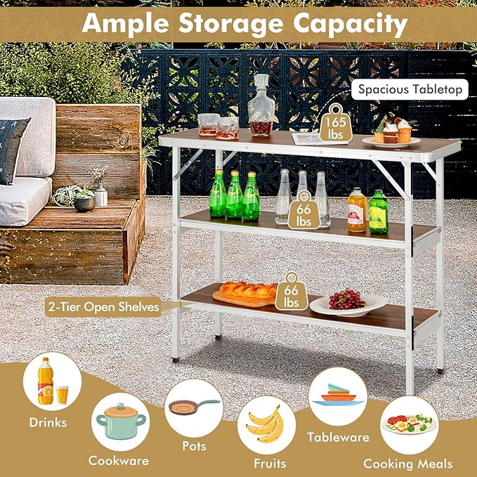 COSTWAY Folding Picnic Table Portable Camping Table with Carry Bag Lightweight Aluminum Food Prep Station with 2 Shelves Quick Set-up BBQ Party Backyard