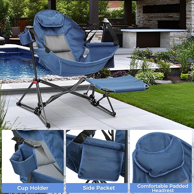 Ainfox Hammock Camping Chair with Footrest Heavy Duty Foldable Portable Rocking Hammock Chairs Outside Swinging Camp with Cup Holder Pillow for Outdoor Patio Poolside Grey Dark Blue