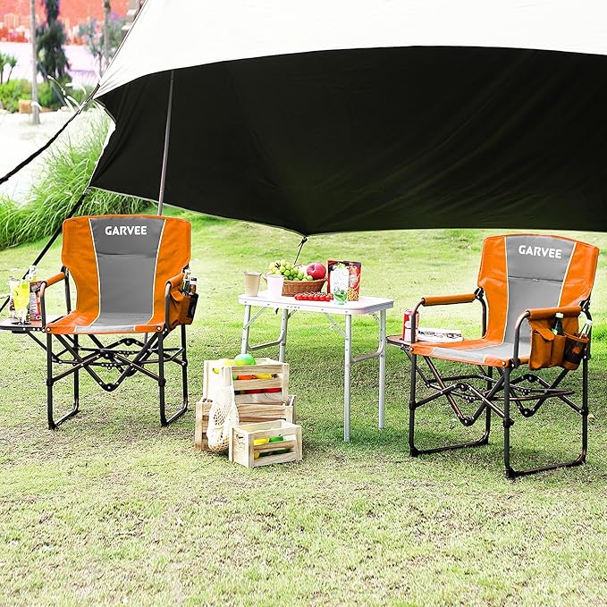 GarveeLife Oversized Directors Camping Chair Portable Folding Chair for Adults Support 400 lbs Heavy Duty Lawn Chair with Side Table for Camping Sports Picnic Beach Fishing (2 PCS Orange)