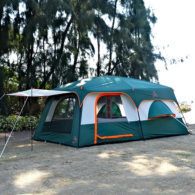 KTT Extra Large Tent 10-12-14 Person(A)Family Cabin Tents2 Rooms3 Doors and 3 Windows with MeshStraight WallWaterproofDouble LayerBig Tent for OutdoorPicnicCampingFamily Gathering