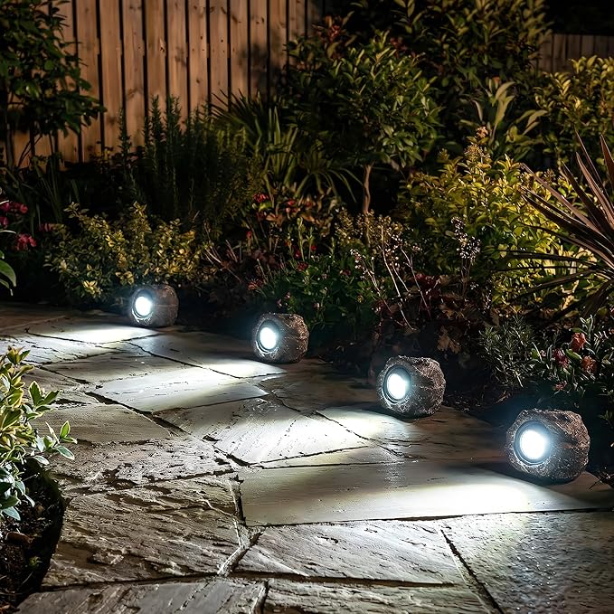 Solar Rock Lights Outdoor – 4 Pack Waterproof LED Landscape Garden Spotlights Realistic Stone Design Wireless Solar Powered Pathway Lights for Yard Walkway Patio &amp Lawn Decoration (Auto On/Off