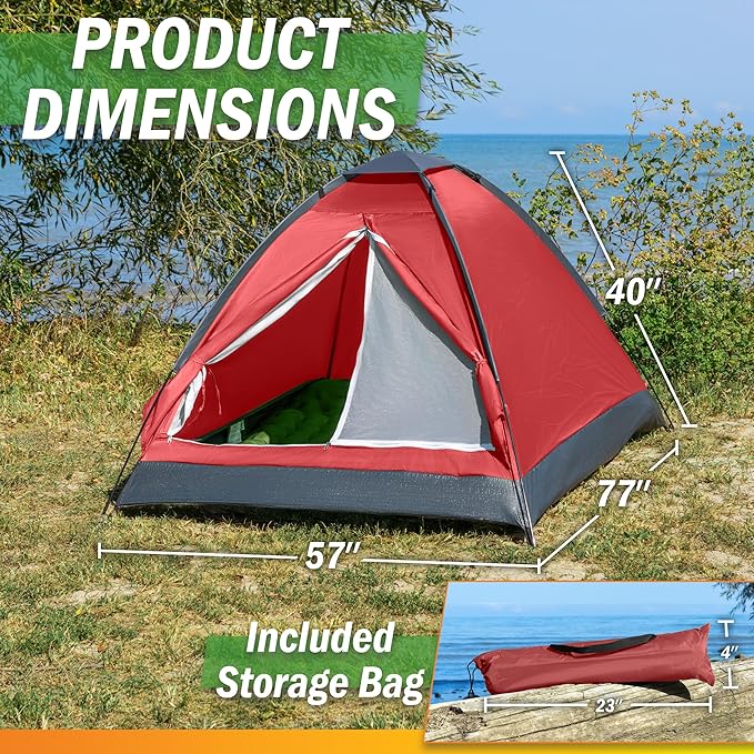 2 Person Camping Tent with Rain Fly and Carrying Bag – Lightweight Outdoor Pop Up Tents for Camping Essentials Music Festivals Backpacking Hiking or Beach Shelter by Wakeman Outdoors