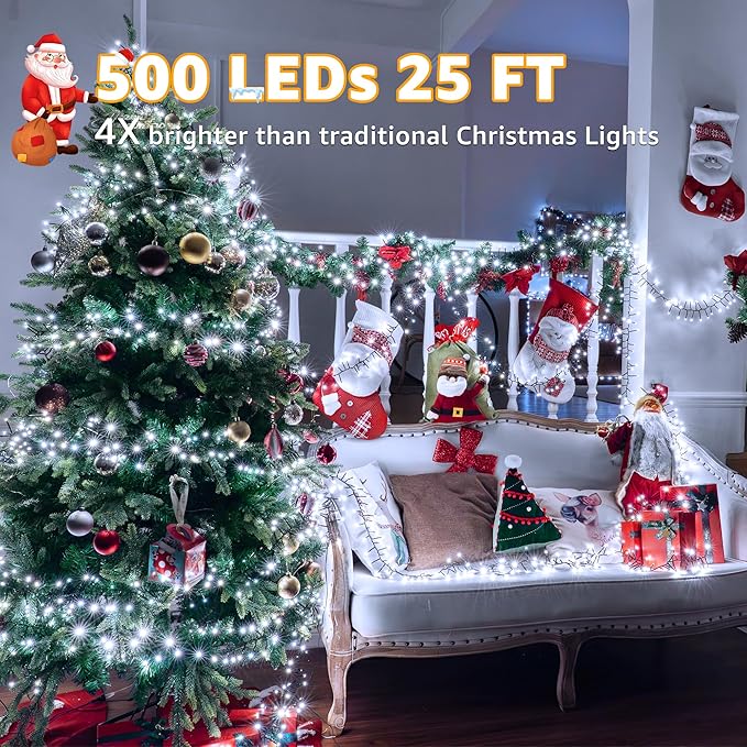 500 LED 25 FT Cluster Lights White Christmas Tree Lights 8 Modes Timer Remote Waterproof String Lights for Indoor Outside Garland Xmas Decorations