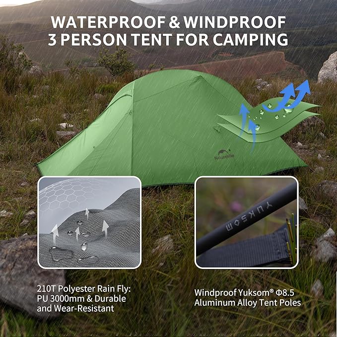 Naturehike Cloud Up 3 Person Backpacking Tent with Footprint - 3 Season Free Standing Lightweight 3 Person Camping Tent | with Footprint Free Standing Dome Camping Hiking Waterproof