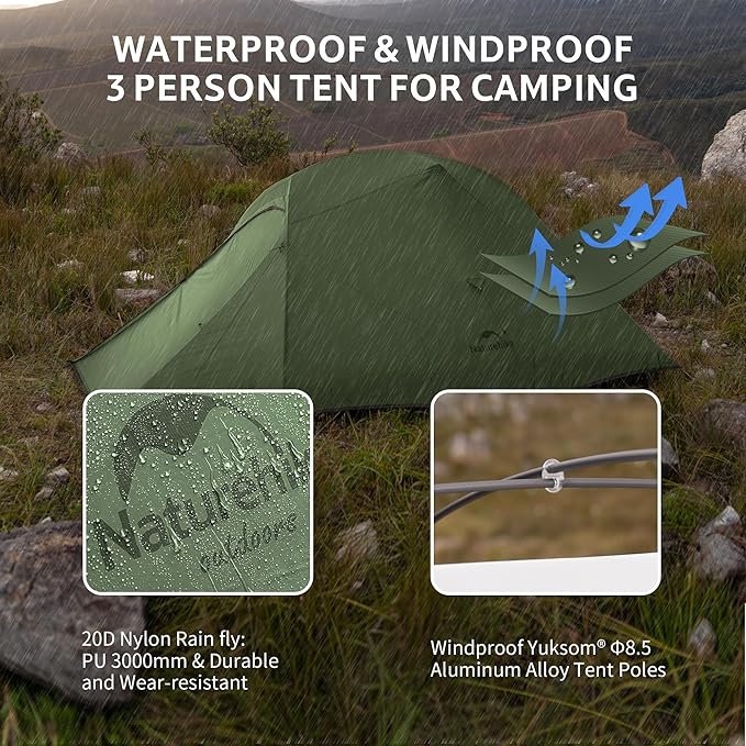 Naturehike Cloud Up 3 Person Backpacking Tent with Footprint - 3 Season Free Standing Lightweight 3 Person Camping Tent | with Footprint Free Standing Dome Camping Hiking Waterproof