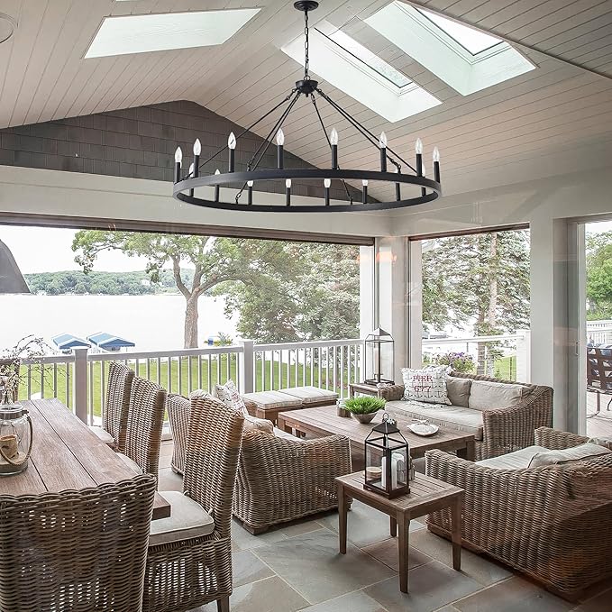 53 Inch Large Black Wagon Wheel Chandelier 18-Light Farmhouse Wagon Wheel Chandeliers Round Industrial Ceiling Light fixtures for Outdoor Porch high Ceilings Living Dining Room Foyer Entryway