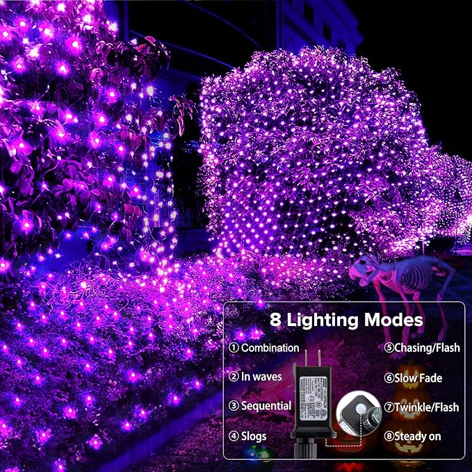 BlcTec Halloween Net Lights 200 LED 8.4ft x 5.2ft Purple Halloween Lights with 8 Modes Timer Connectable Waterproof and Green Wire Design for Trees Bushes Outdoor Decorations