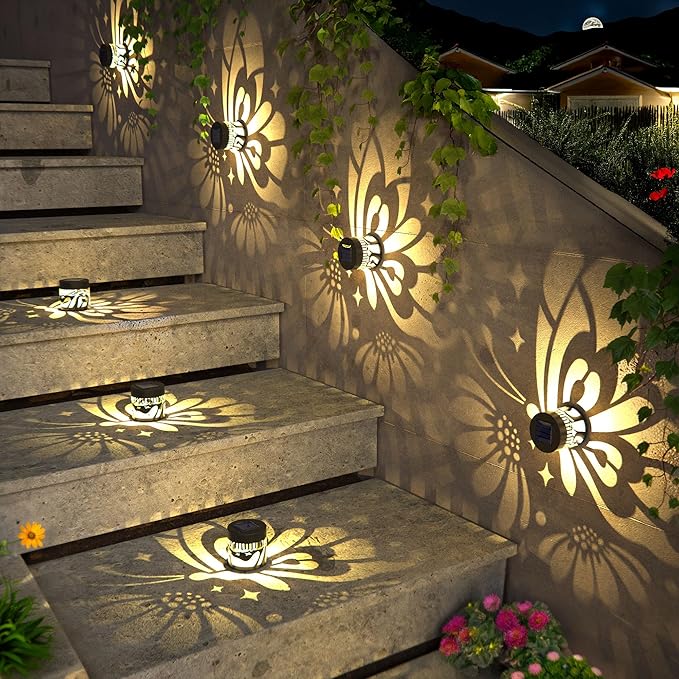 Solar Fence Lights 4 Pack Solar Deck Lamps Outdoor Decorations Powered Step Lights Wall Waterproof LED Warm Decorative Lighting for Garden (Butterfly-Flower 4)