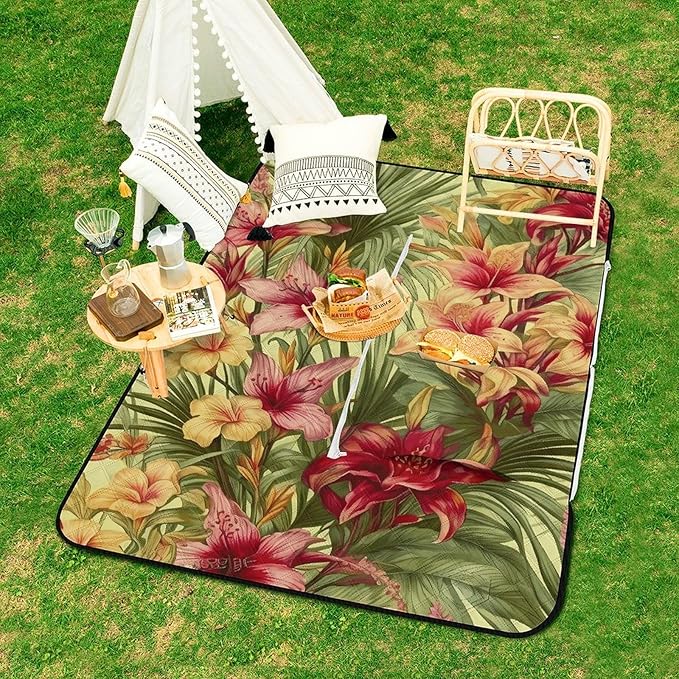 Zipper Tropical Palm Flower Style Picnic Mat Suitable for Travel Camping Park Or Home Use